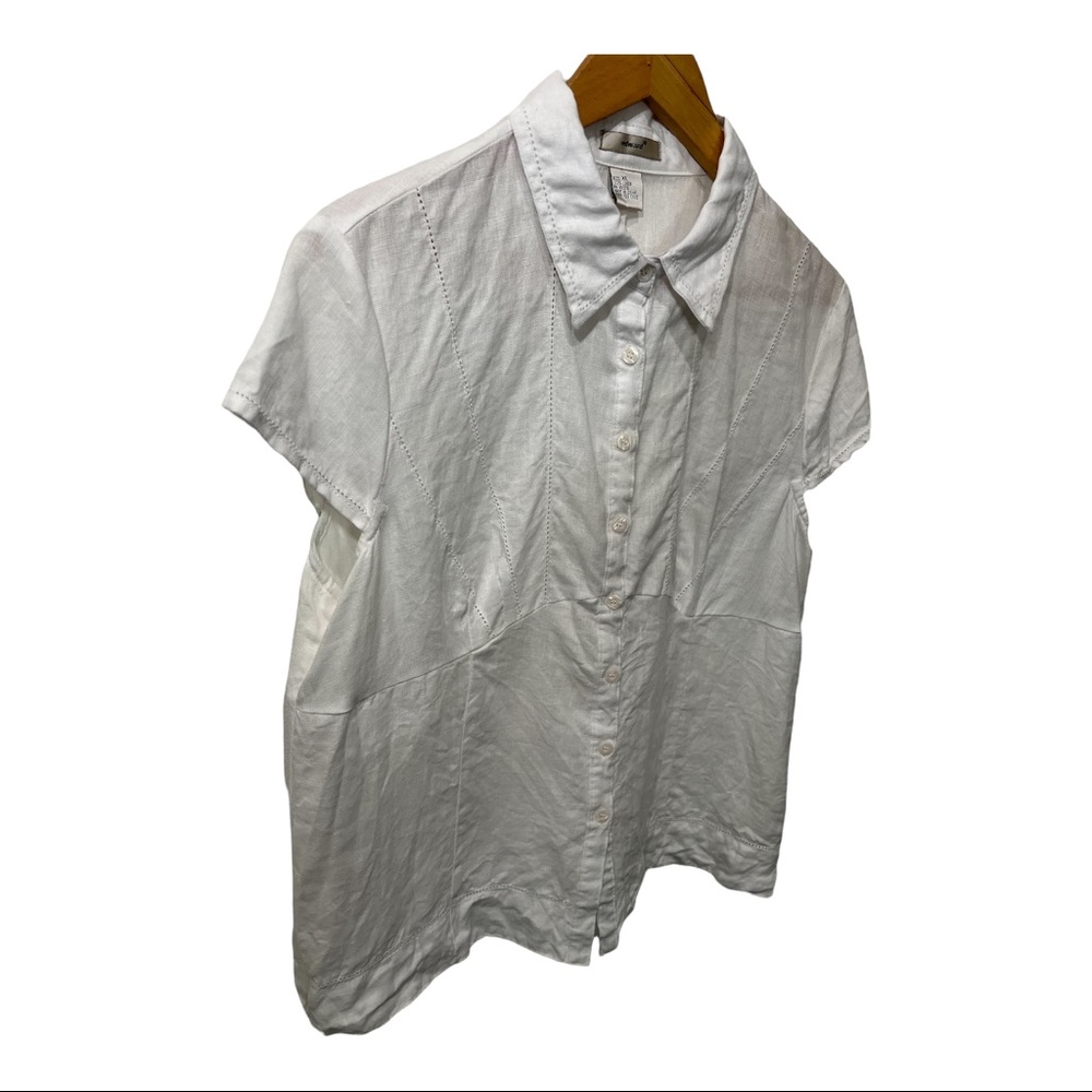 EDWARD CRISP WHITE LINEN BUTTON UP COLLARED SHORT SLEEVE BLOUSE SIZE XL